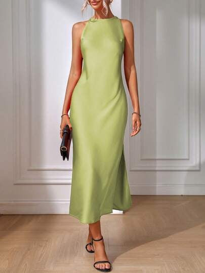 Satin Dress Women Clothing Spring Summer Sleeveless Split Satin Imitation Silk Maxi Dress by Ragazza