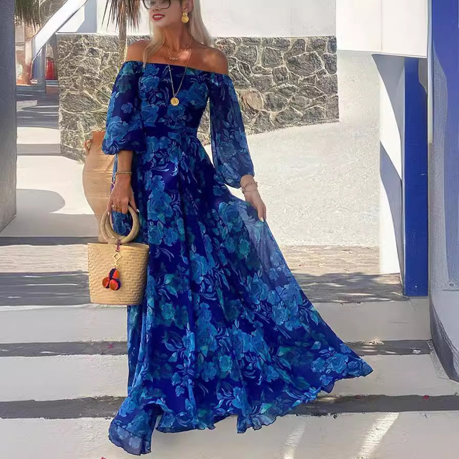 Sexy off Neck Printed Large Swing Maxi Dress by Ragazza