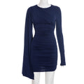 Women Clothing Autumn Winter Solid Color One Shoulder Streamer Long Sleeve Pleated Sheath Short Dress by Ragazza