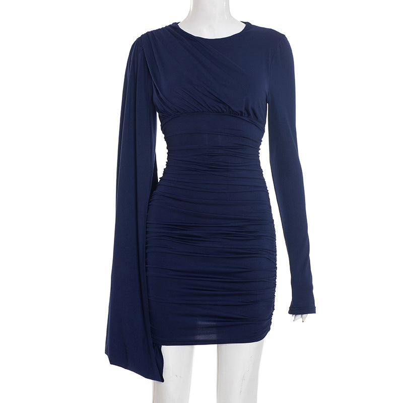 Women Clothing Autumn Winter Solid Color One Shoulder Streamer Long Sleeve Pleated Sheath Short Dress by Ragazza