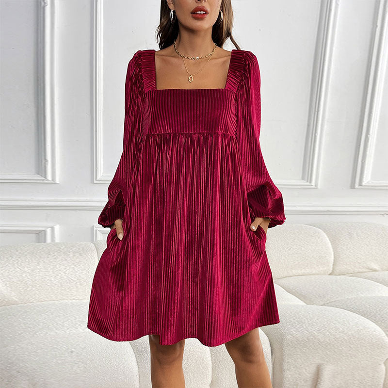 Autumn Winter Women Clothing Velvet Square Collar Solid Color Dress by Ragazza
