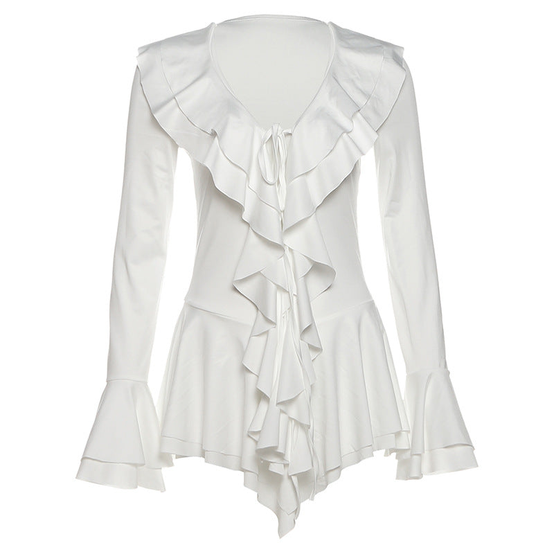 Fall Women Clothing V neck Slim Fit Tied Ruffled Flare Sleeve Dress by Ragazza
