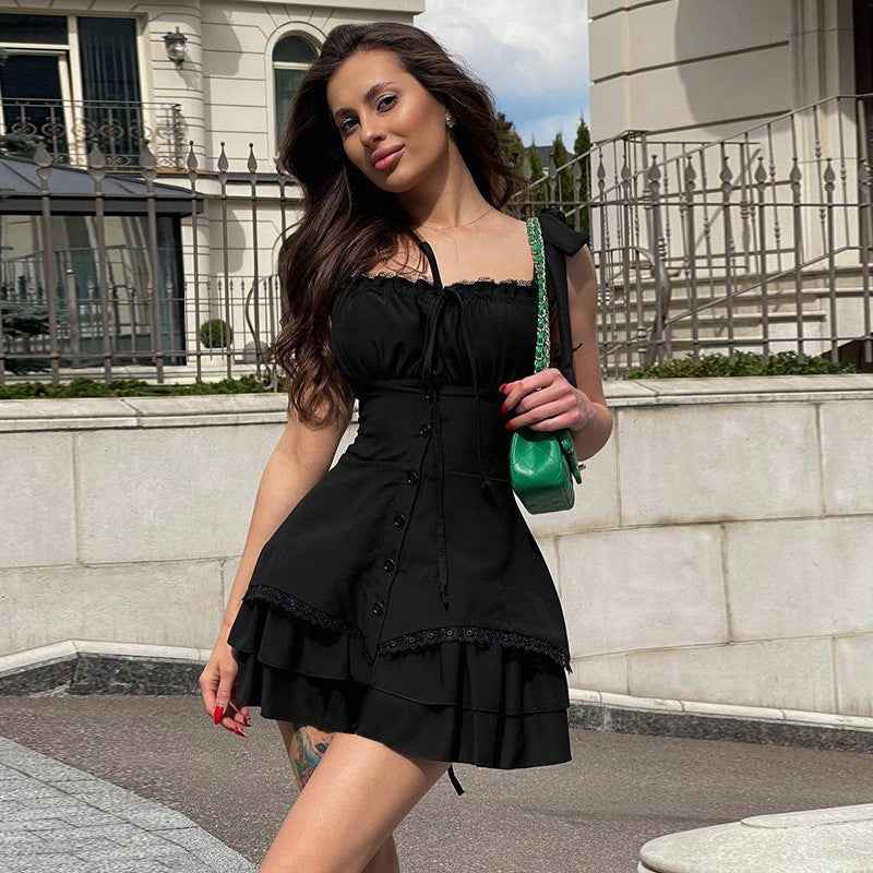 Pleated Waist Trimming Ruffles Dress Female Hot Dresses by Wshirt