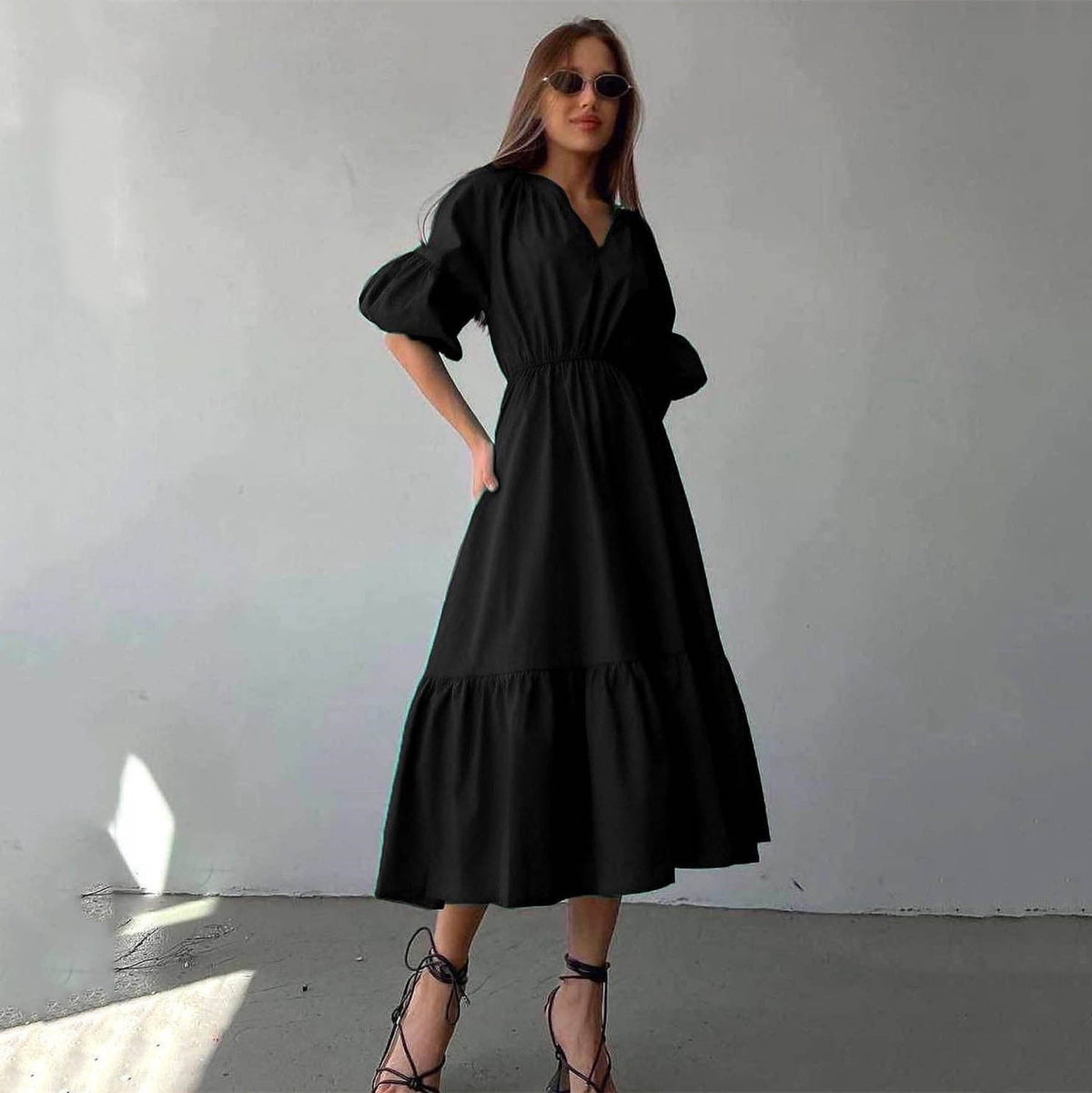 V neck Dress Office High Waist French Half Sleeve A line Dress Women Casual Dress Summer by Ragazza