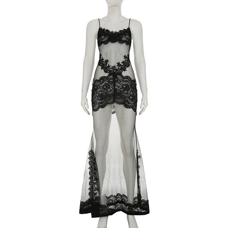 Summer Women Mesh Lace Lace Spaghetti Strap Dress See through Sexy Nightdress Vacation Maxi Dress by Wanita Store