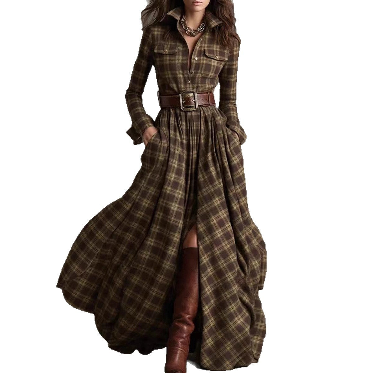 Women's Large French Retro Grid Slim Irregular Dresses by Wshirt