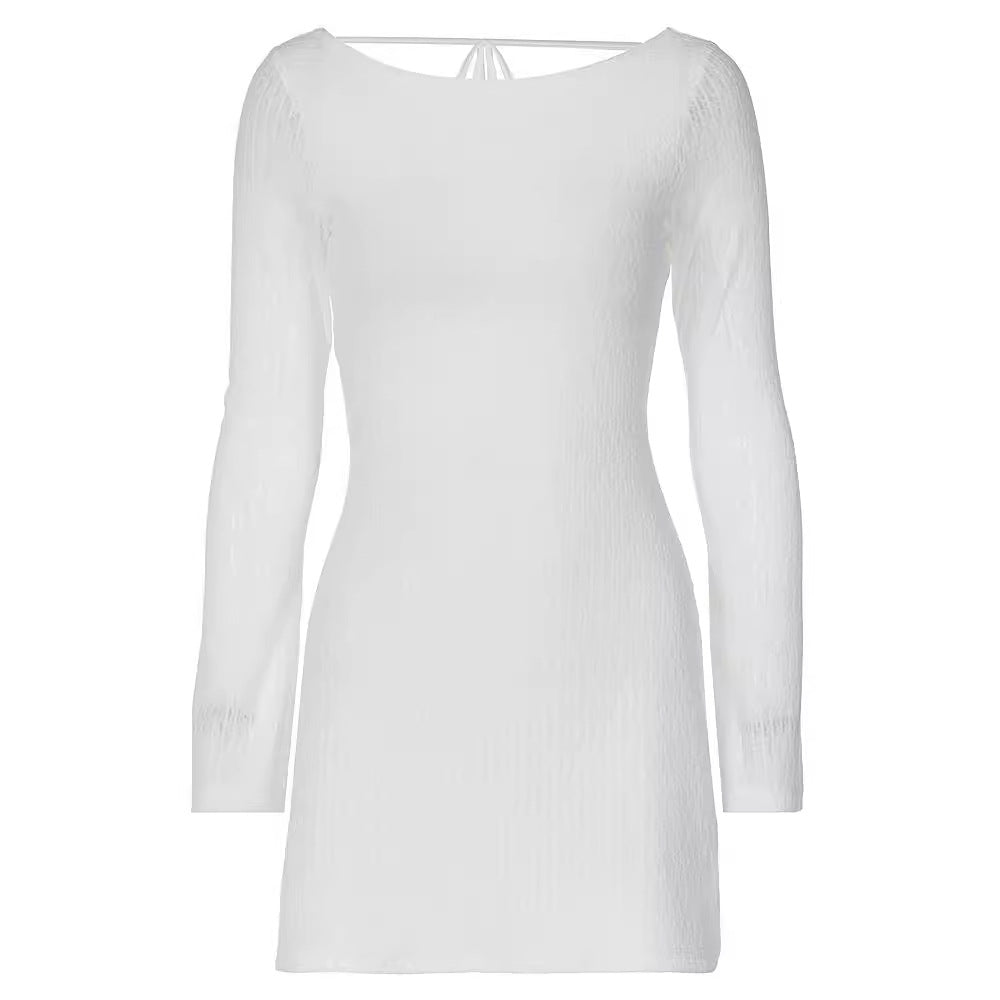 Sexy Street Shooting Solid Color Minimalist Long Sleeve Sexy Big Backless Tied Dress by Ragazza