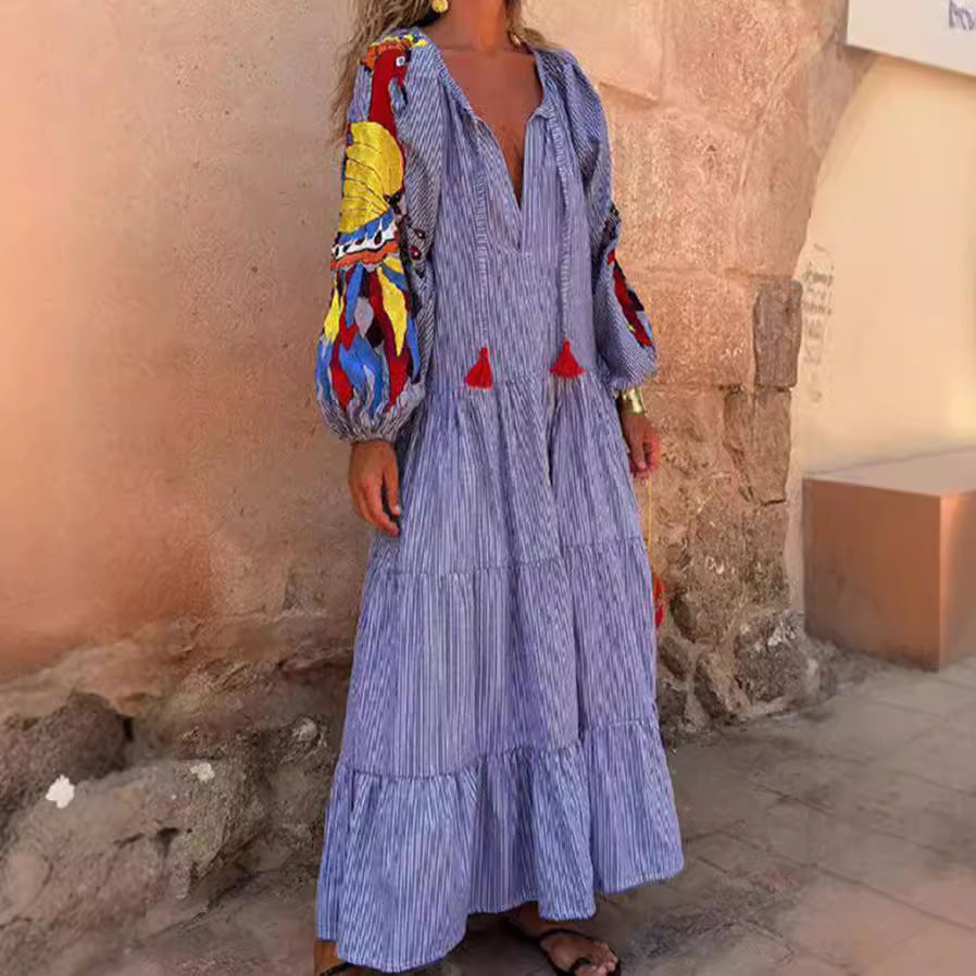Autumn Long Sleeve Arrival V neck Lantern Sleeve Striped Printed Dress by Ragazza