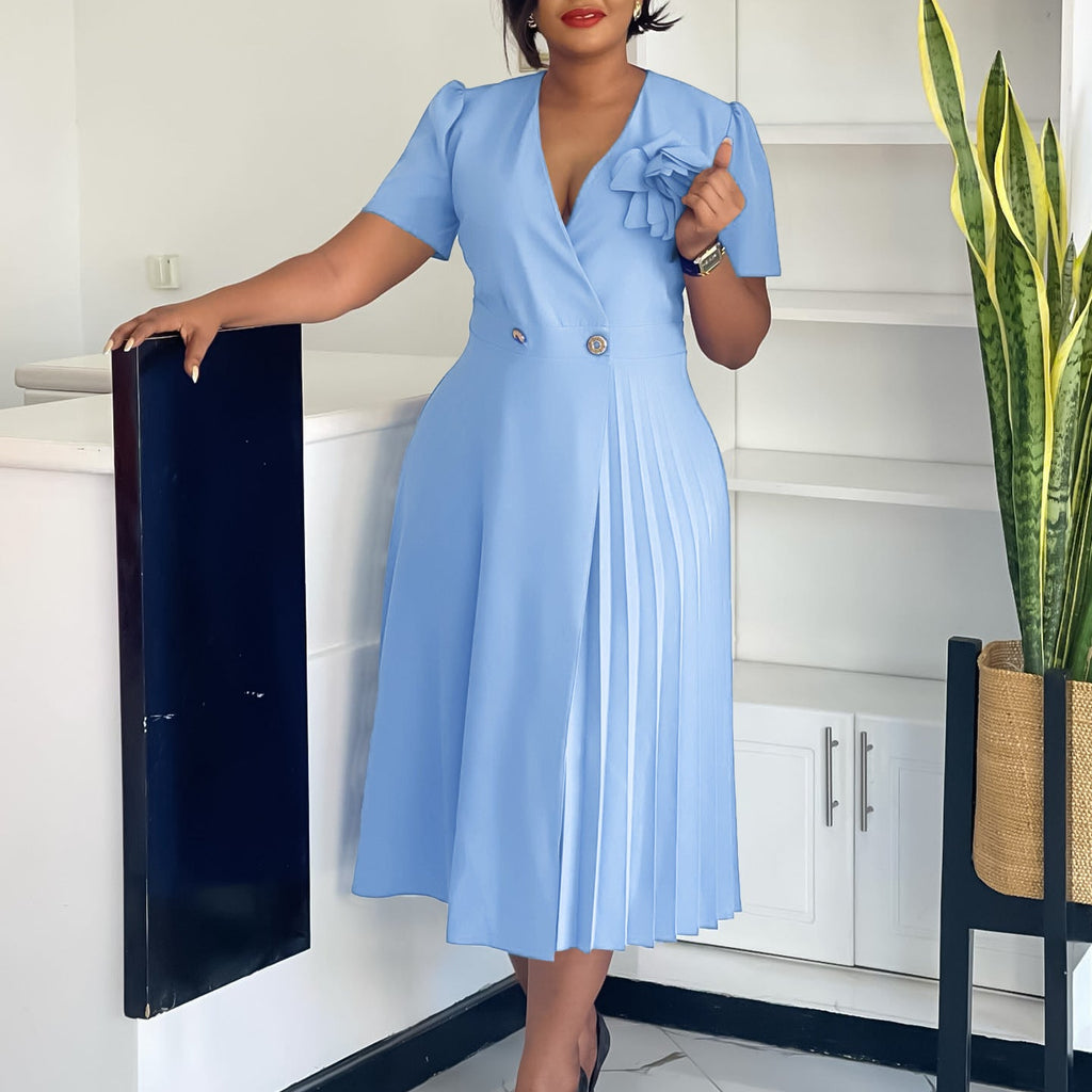 Women Clothing Summer V neck Short Sleeve Solid Color Three Dimensional Floral Pleated African Dress by Ragazza