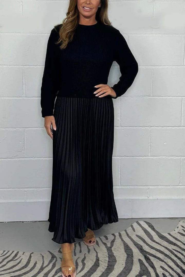 New Autumn Winter Women round Neck Top Sunken Stripe Pleated Dress by Ragazza