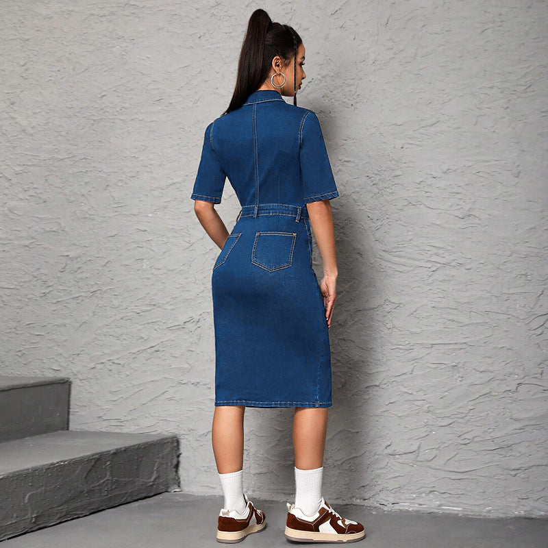 Women's Large Denim Lapel Sleeve Split Midi Dresses by Wshirt