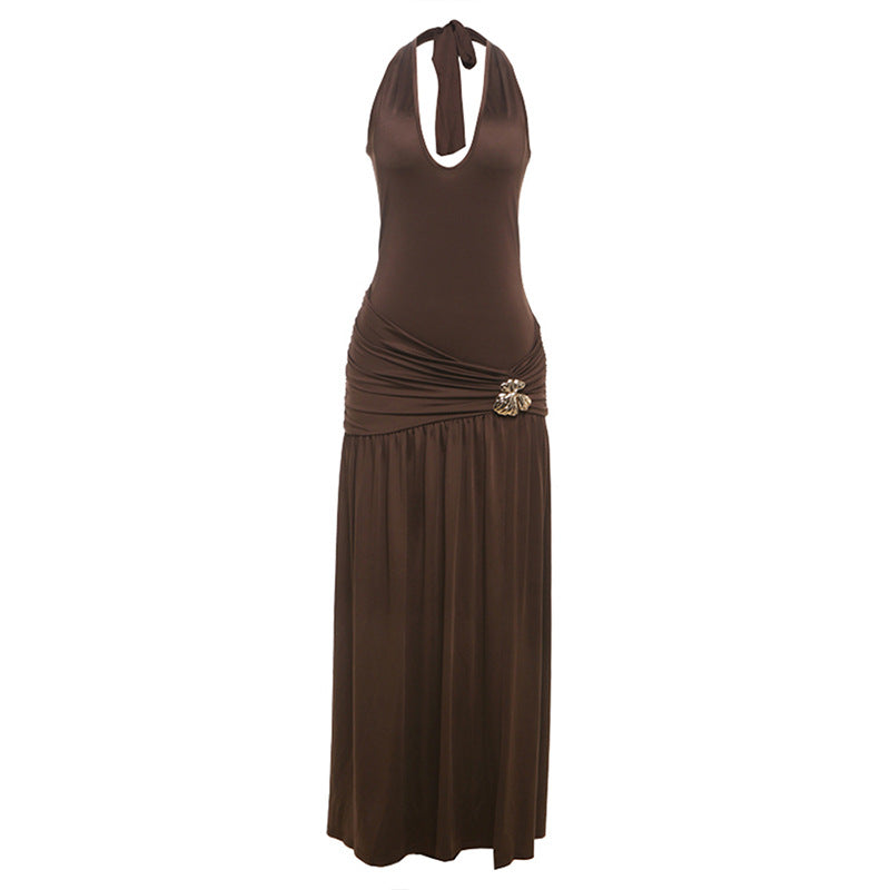 Women Clothing Summer Sexy Halter Strap Backless Slim Fit Fold Split Dress by Ragazza