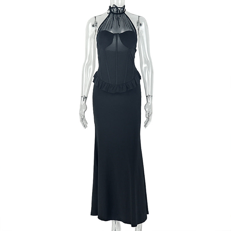 Solid Color Women Slim Pleated Hip Dress Slim Hanging Collar Sleeveless High End Maxi Dress by Ragazza