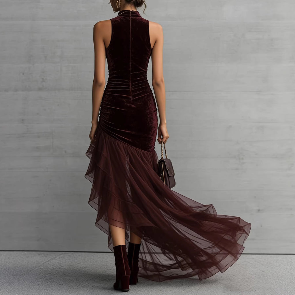 Velvet Turtleneck Sleeveless Evening Dress Pleated Slim Irregular Asymmetric Hem Tulle Trailing Dress by Ragazza