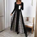 Leopard Splicing Dress Retro High Waist Long Sleeves Wide Leg A line Dress by Ragazza