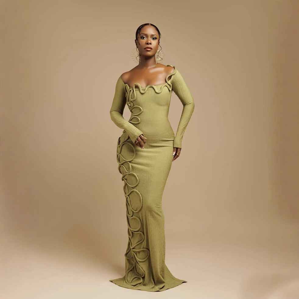 Spring Summer Pleated Personality Twisted String Decoration Square Collar Long Sleeve Slim Length Dress by Ragazza