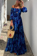 Sexy off Neck Printed Large Swing Maxi Dress by Ragazza