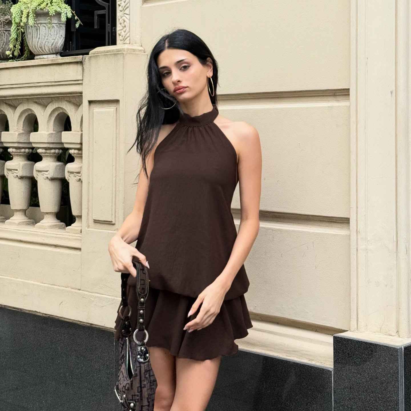 Retro Solid Color Elegant Stitching Pleated Backless Lace up Sexy Halter Dress by Ragazza