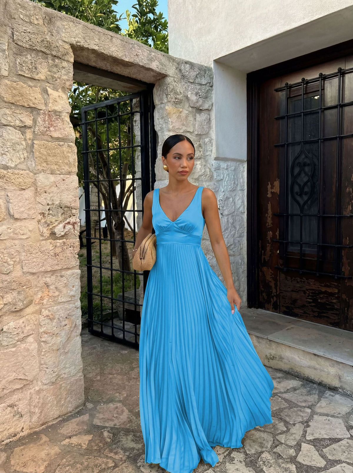 Goods Spring Summer Dress Fitted Waist Pleated V neck Brace Solid Color Dress by Ragazza