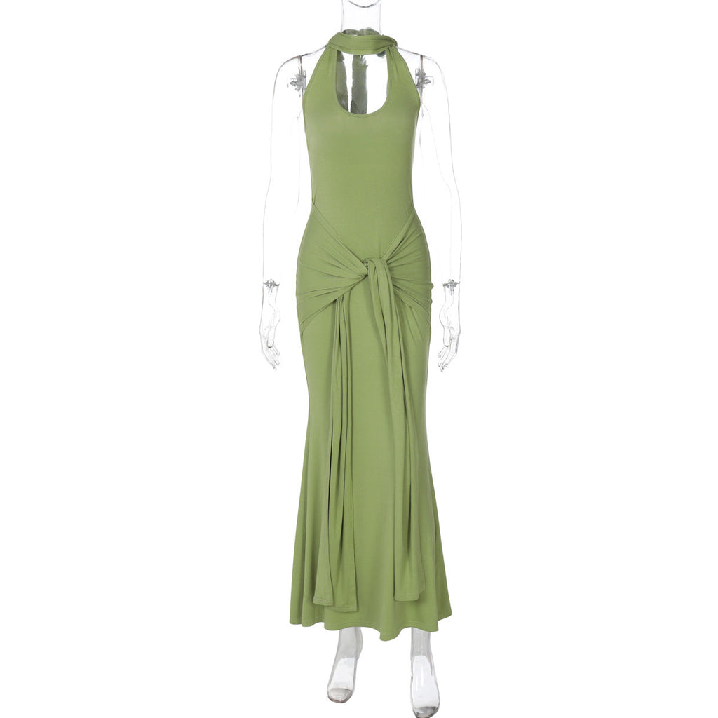 Cinched Patchwork Streamer Solid Color Wild Long Halter Backless Dress Women Clothing by Ragazza