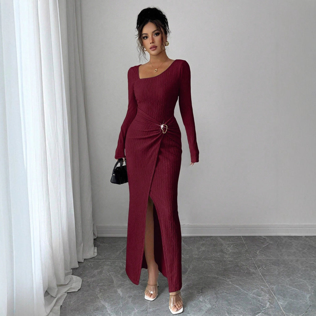Autumn Winter Irregular Asymmetric Neckline Solid Color Knitted Texture Maxi Dress Women by Ragazza