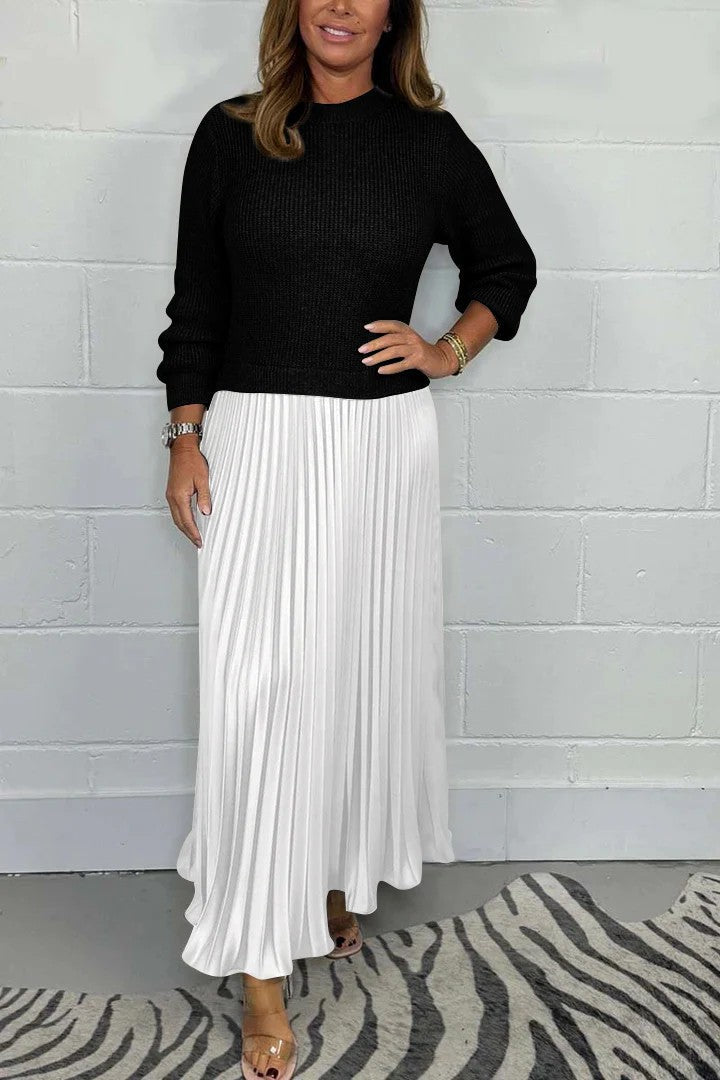 New Autumn Winter Women round Neck Top Sunken Stripe Pleated Dress by Ragazza