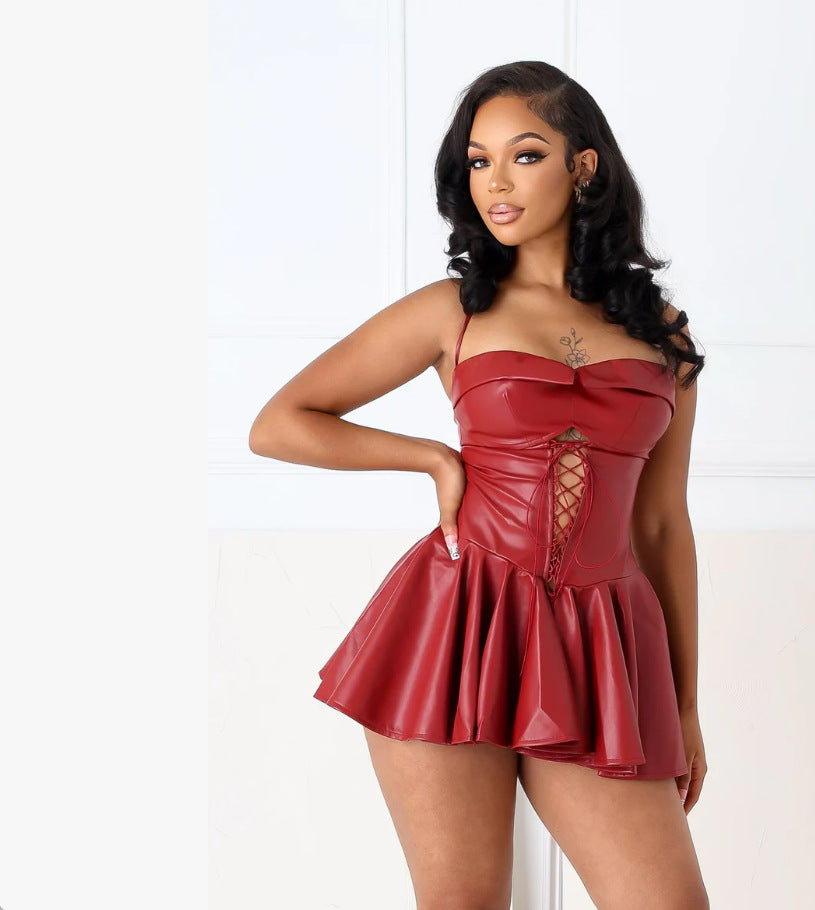 Women's Solid Color Sleeveless Sexy Tube Leather Dresses by Wshirt