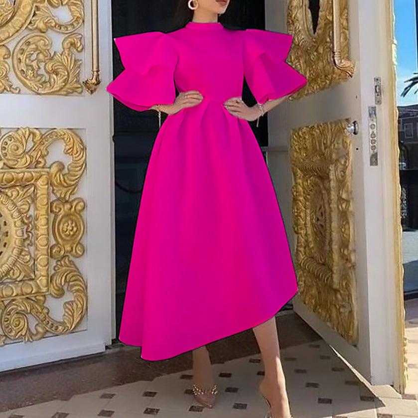 Women Wear Summer Double Layer Ruffle Sleeve Solid Color Wide Hem Dress outside by Ragazza