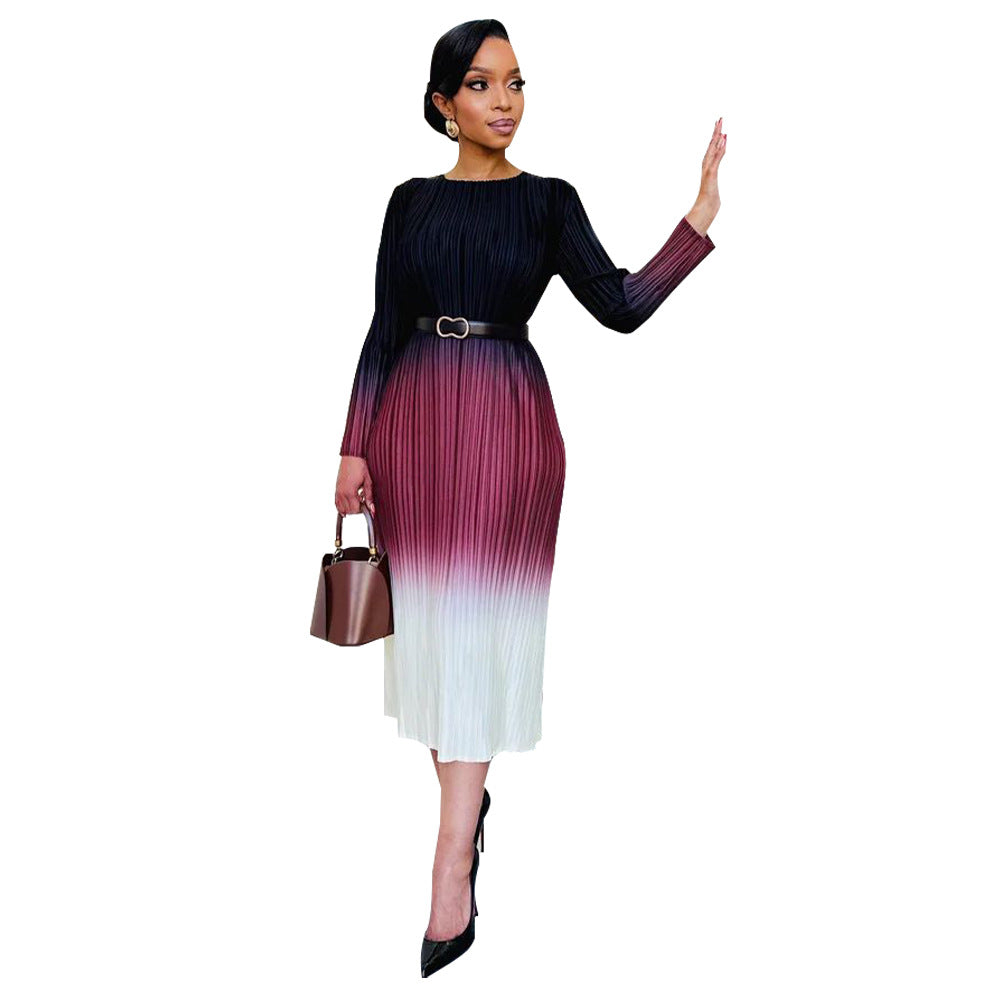 Women Clothing Gradient Positioning Printing Long Sleeve Pleated Dress by Ragazza