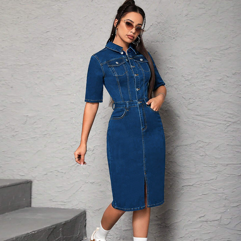Women's Large Denim Lapel Sleeve Split Midi Dresses by Wshirt