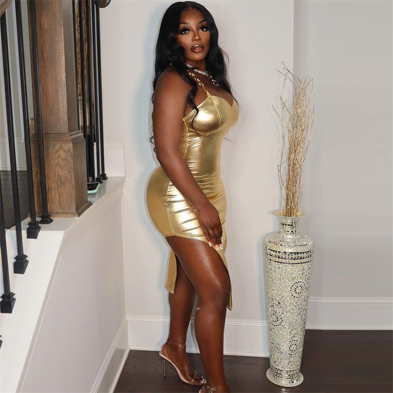 Women Clothing Autumn Bronzing Color Tube Top Sexy Waist Tight Hip Bag Irregular Asymmetric Spaghetti Strap Dress Women by Wanita Store