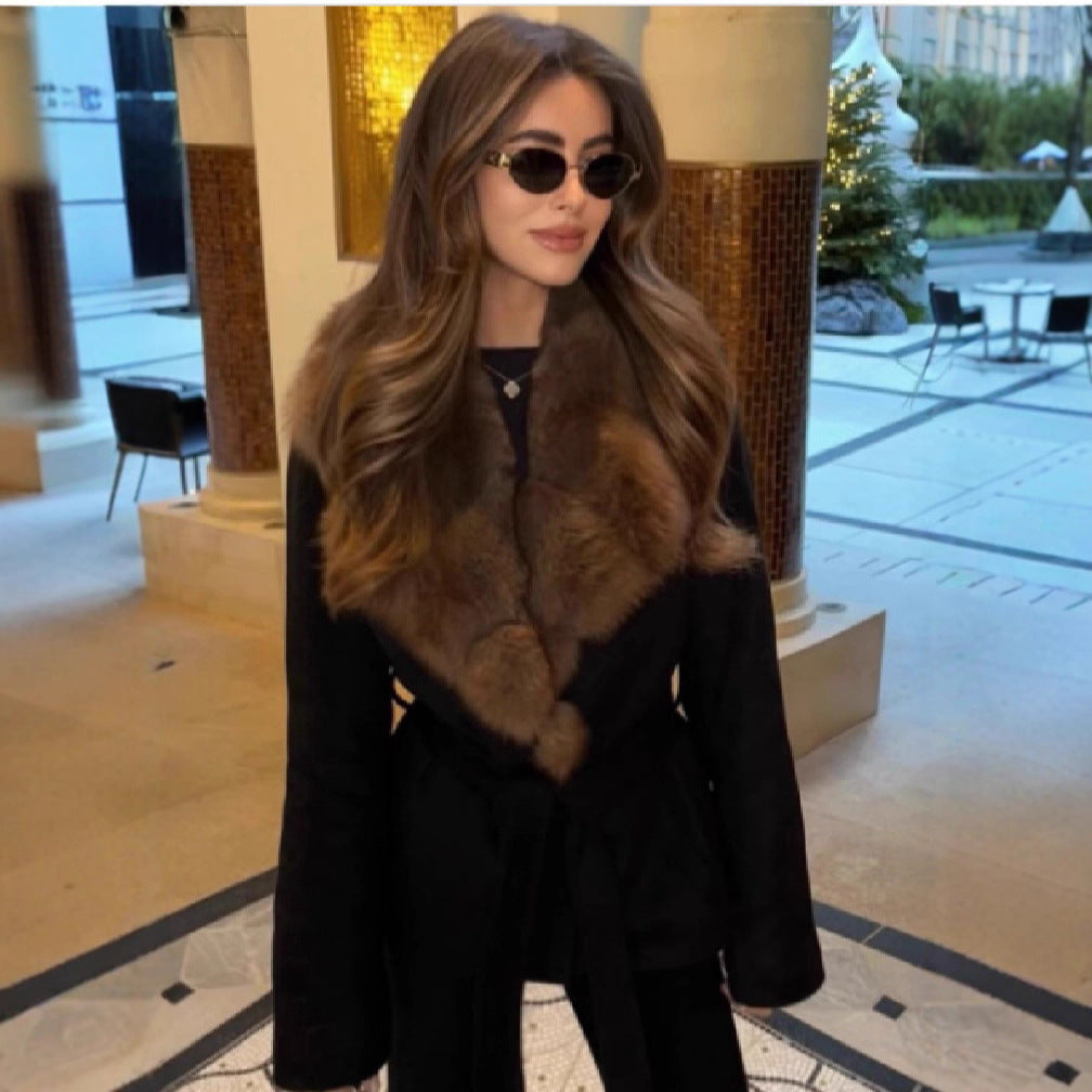 Fur Collar Waist Trimming Lace Up Coats by Wshirt