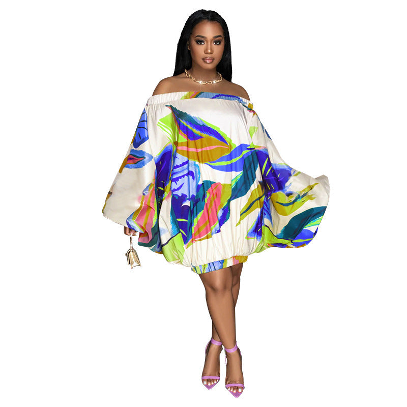 Spring Summer Off Shoulder Loose Elastic Printing Batwing Shirt Long Sleeve Dress by Ragazza