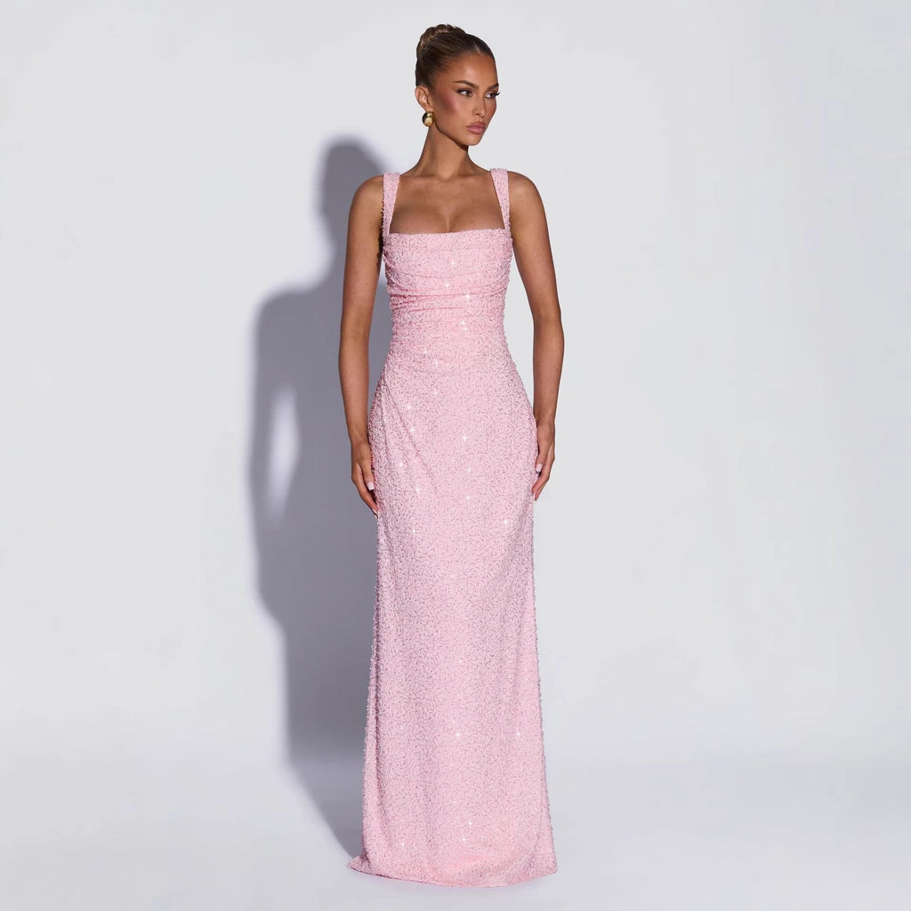 Personalized Sequined Solid Color Tube Top Dress Women Spring Sleeveless Suspenders Split Waist Fitted Maxi Dress by Ragazza