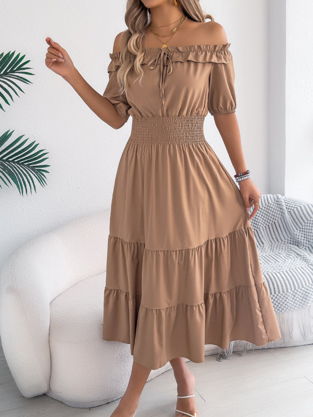 Spring Summer Casual Shoulder Baring Stringy Selvedge Short Sleeve Smocking Waist Slimming Maxi Dress Women Clothing by Ragazza