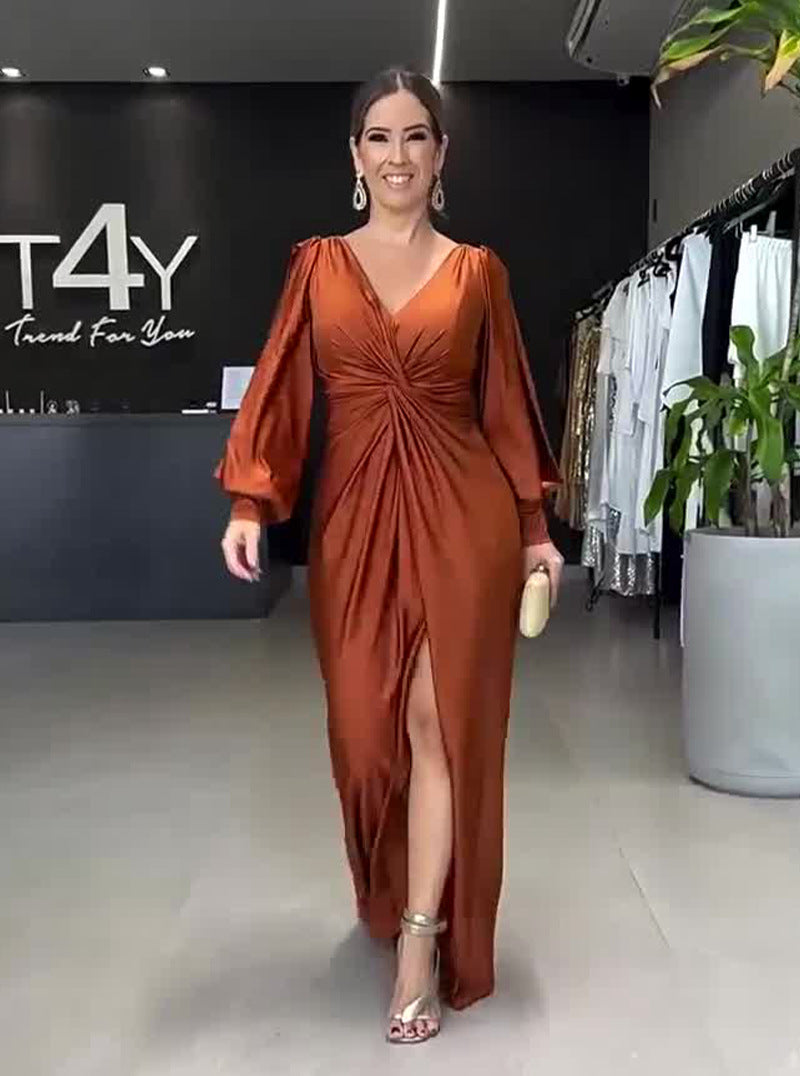 Summer Collar Solid Color Long Sleeve Slim Fit Slit Noble Dress by Ragazza