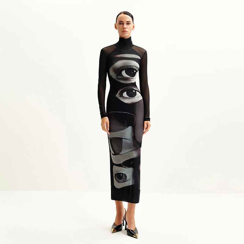 Women Clothing Three Dimensional Printing Double Layer Mesh Turtleneck Long Sleeve Dress Long by Ragazza
