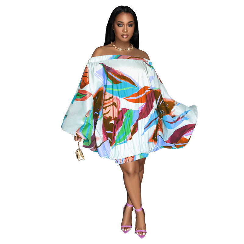 Spring Summer Off Shoulder Loose Elastic Printing Batwing Shirt Long Sleeve Dress by Ragazza