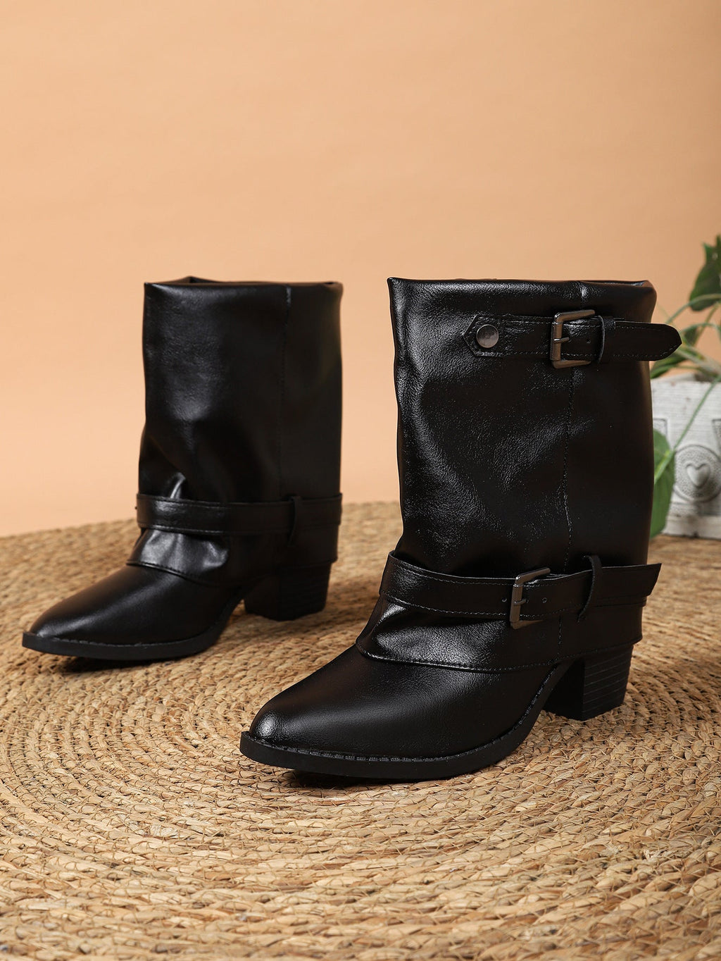 Medium Straight Pants Pipe Boots Women Autumn Winter Simple Big Tube Circumference Thick Heel Pointed Boots by Ragazza