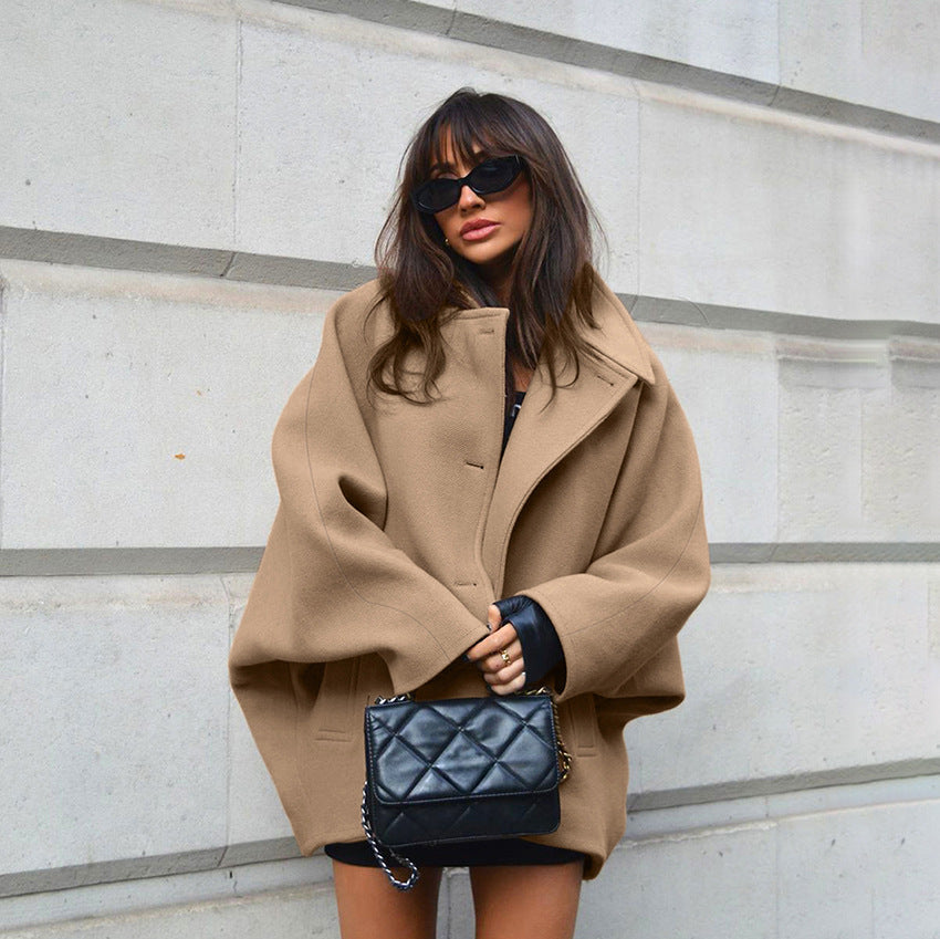Autumn High Grade Brown Woolen Collared Batwing Sleeve Cardigan Coat Simple Office Women Clothing by Wanita Store