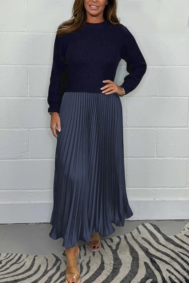 New Autumn Winter Women round Neck Top Sunken Stripe Pleated Dress by Ragazza