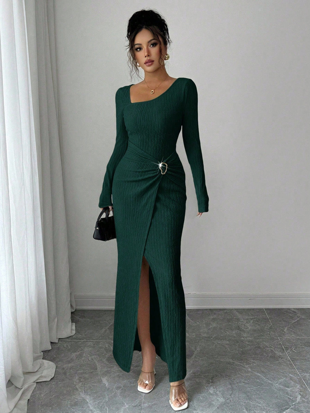 Autumn Winter Irregular Asymmetric Neckline Solid Color Knitted Texture Maxi Dress Women by Ragazza