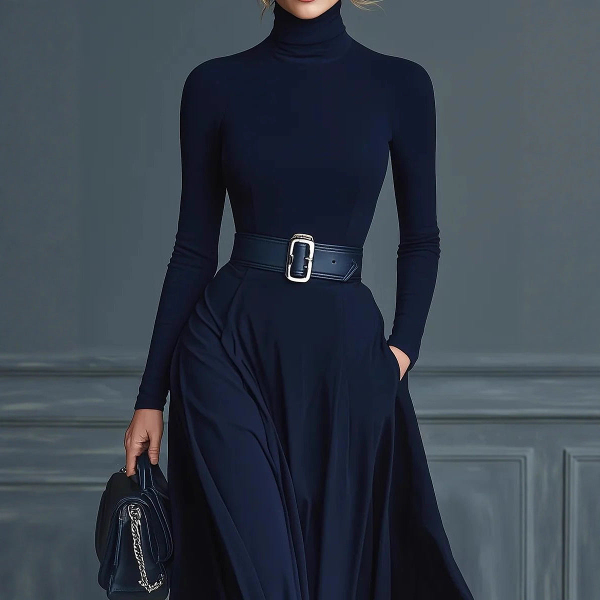 Women's Long-sleeved Solid Color Turtleneck Dress Long Dresses by Wshirt