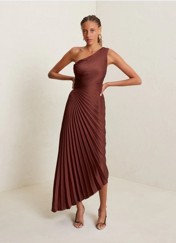 Women Clothing One Shoulder Sun Pleated Satin Dress by Ragazza