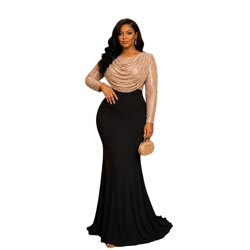 Women Clothes Dress Sequin round Neck Pleated Sequined Sheath Long Sleeve by Ragazza