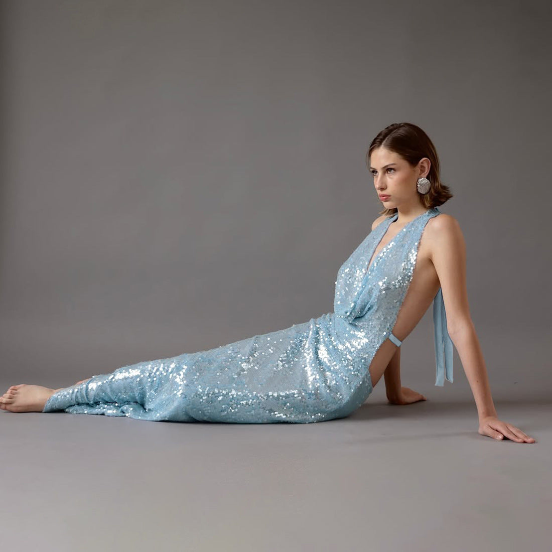 Winter Women Clothing Sequined Swing Collar Sexy Backless Halter Self Tie Slit Dress by Ragazza