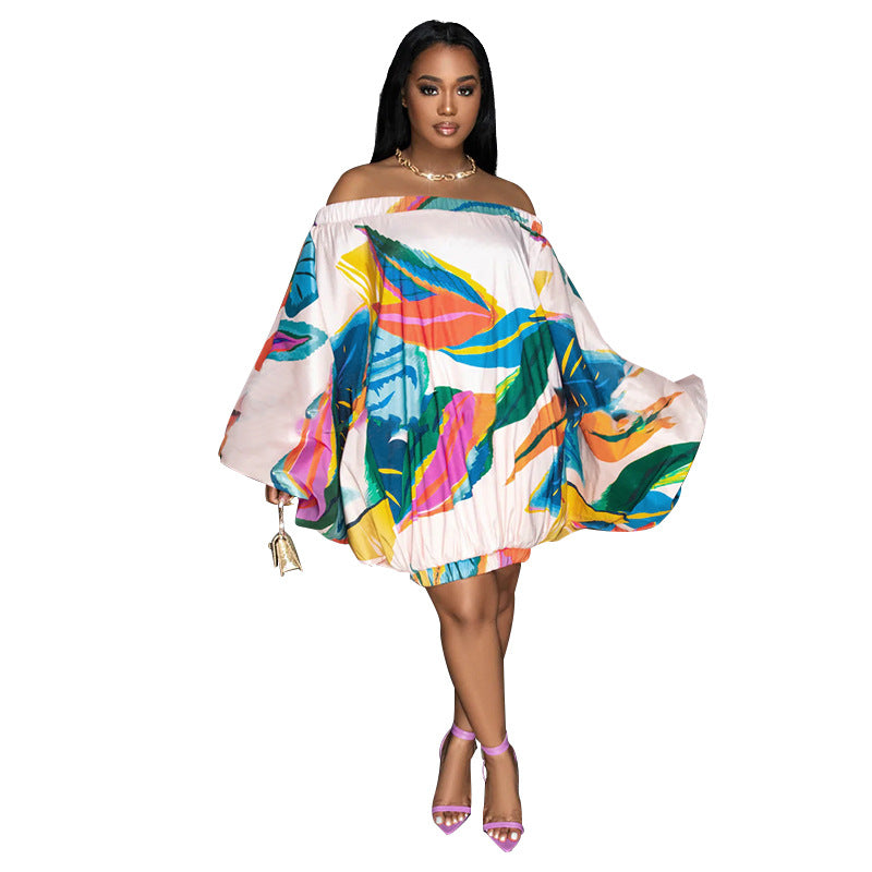 Spring Summer Off Shoulder Loose Elastic Printing Batwing Shirt Long Sleeve Dress by Ragazza