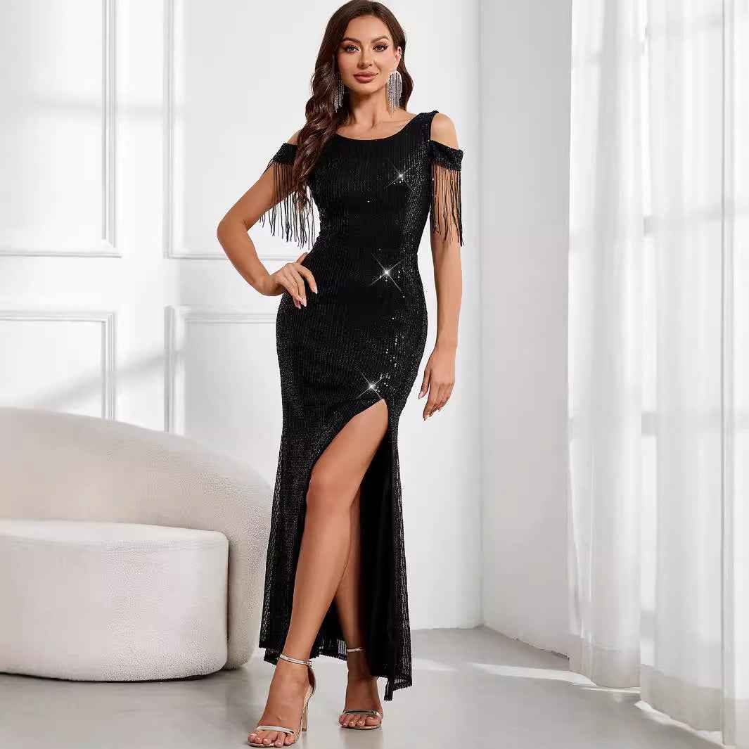 Women's Sexy Tassel Sequined Black Dress Long Dresses by Wshirt