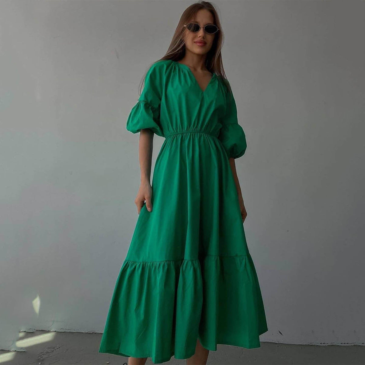 V neck Dress Office High Waist French Half Sleeve A line Dress Women Casual Dress Summer by Ragazza