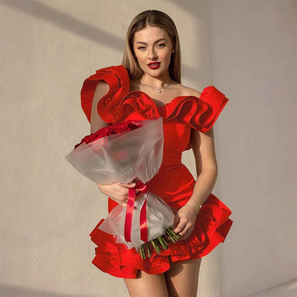 Sexy off the Shoulder Tube Top Dress Short Solid Color Flounced Dress Slim Fit Summer by Ragazza